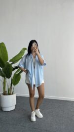 Linda Asimetrik Kesim Keten Gömlek - Mavi