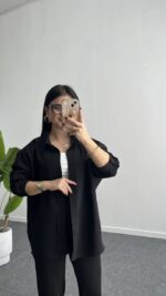 Leoni Oversize Basic Gömlek - Siyah - Görsel 5