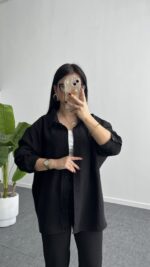 Leoni Oversize Basic Gömlek - Siyah - Görsel 3
