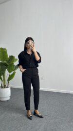 Leoni Oversize Basic Gömlek - Siyah - Görsel 2