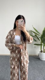 Kahverengi Baklava Desen Kimono Takım - Görsel 2