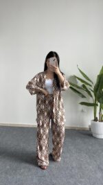 Kahverengi Baklava Desen Kimono Takım - Görsel 3