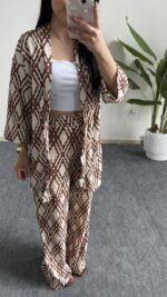 Kahverengi Baklava Desen Kimono Takım - Görsel 4