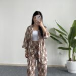 Kahverengi Baklava Desen Kimono Takım