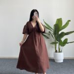 Eleni Karpuz Kol Müslin Elbise - Kahverengi