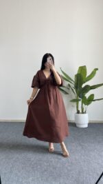 Eleni Karpuz Kol Müslin Elbise - Kahverengi