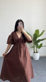 Eleni Karpuz Kol Müslin Elbise - Kahverengi - Görsel 2