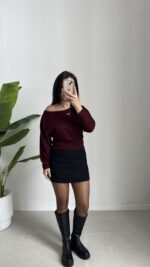 Kayık Yaka Oysho Bluz - Bordo - Görsel 6