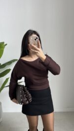 Kayık Yaka Oysho Bluz - Kahve - Görsel 4