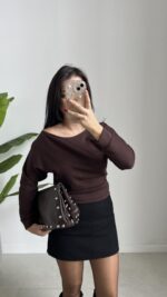 Kayık Yaka Oysho Bluz - Kahve - Görsel 2