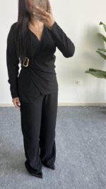 Bonita Kruvaze Yaka Aksesuarlı Takım - Siyah - Görsel 6