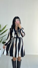 Kruvaze Yakalı Desenli Modal Mini Elbise - Füme - Görsel 6