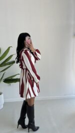 Kruvaze Yakalı Desenli Modal Mini Elbise - Bordo - Görsel 7