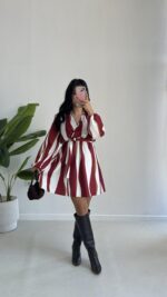 Kruvaze Yakalı Desenli Modal Mini Elbise - Bordo