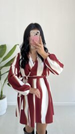 Kruvaze Yakalı Desenli Modal Mini Elbise - Bordo - Görsel 8