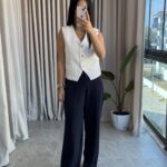 Lacivert Kemerli Çimalı Palazzo Pantolon