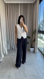 Lacivert Kemerli Çimalı Palazzo Pantolon