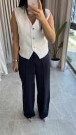 Lacivert Kemerli Çimalı Palazzo Pantolon - Görsel 4