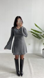 Lavia Drop Detaylı Selanik Elbise - Gri - Görsel 9