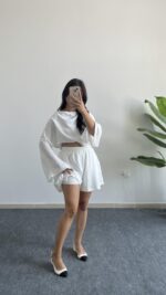 Lemas Bluz Şort Takım - Beyaz - Görsel 6