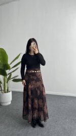 Lorai Desenli Şifon Etek - Kahverengi - Görsel 3