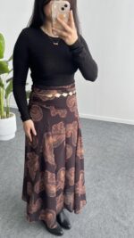 Lorai Desenli Şifon Etek - Kahverengi - Görsel 5