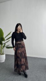 Lorai Desenli Şifon Etek - Kahverengi