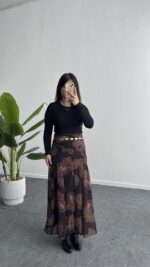 Lorai Desenli Şifon Etek - Kahverengi - Görsel 2