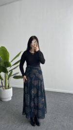 Lorai Desenli Şifon Etek - Lacivert - Görsel 5