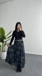 Lorai Desenli Şifon Etek - Lacivert - Görsel 3