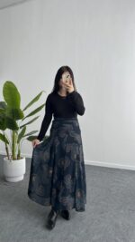 Lorai Desenli Şifon Etek - Lacivert - Görsel 4