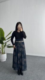 Lorai Desenli Şifon Etek - Lacivert