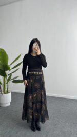 Lorai Desenli Şifon Etek - Siyah