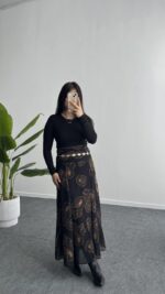 Lorai Desenli Şifon Etek - Siyah - Görsel 2