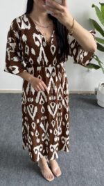 Lotus Desenli Çan Elbise - Kahve - Görsel 5