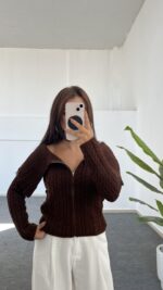 Madonna Yaka Örgü Hırka - Kahve - Görsel 3