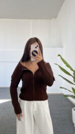 Madonna Yaka Örgü Hırka - Kahve