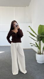 Madonna Yaka Örgü Hırka - Kahve - Görsel 4