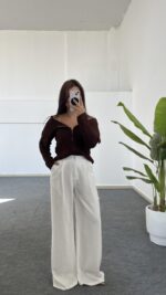 Madonna Yaka Örgü Hırka - Kahve - Görsel 2