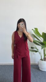 Matina Bağlama Detaylı Kruvaze Yaka İkili Takım - Bordo - Görsel 2