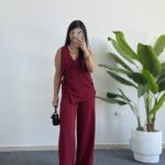 Matina Bağlama Detaylı Kruvaze Yaka İkili Takım - Bordo