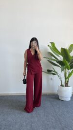 Matina Bağlama Detaylı Kruvaze Yaka İkili Takım - Bordo