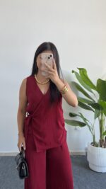 Matina Bağlama Detaylı Kruvaze Yaka İkili Takım - Bordo - Görsel 6