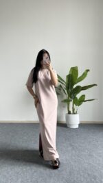 Mayda Yarım Kol Modal Basic Elbise - Bej