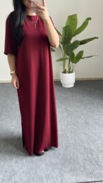 Mayda Yarım Kol  Modal Basic Elbise - Bordo - Görsel 5