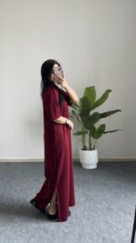 Mayda Yarım Kol  Modal Basic Elbise - Bordo - Görsel 2