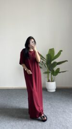 Mayda Yarım Kol  Modal Basic Elbise - Bordo - Görsel 4