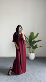 Mayda Yarım Kol  Modal Basic Elbise - Bordo