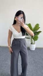 Melina Cırtlı Palazzo Pantolon - Antrasit - Görsel 3