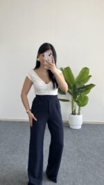 Melina Cırtlı Palazzo Pantolon - Lacivert - Görsel 2